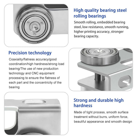 Close-up of high quality bearing steel rolling bearings on four wheel trolley assembly, suitable for channel strut systems.