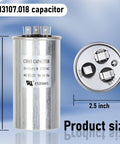 RV Air Conditioner Run Capacitor 50/5uF 370VAC Replacement for 13500 BTU A/C Units, CBB65/CBB65A, Model 3313107.018 shown with dimensions