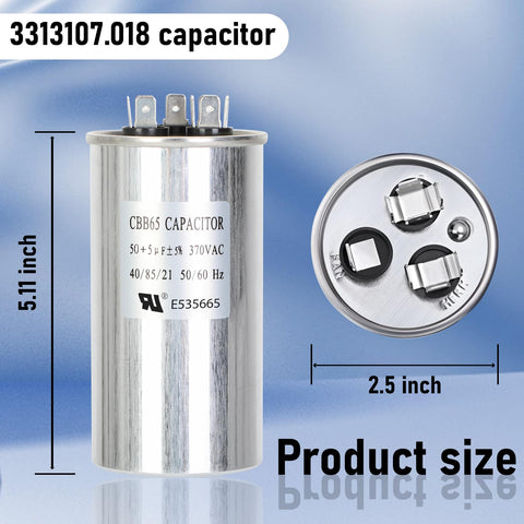 RV Air Conditioner Run Capacitor 50/5uF 370VAC Replacement for 13500 BTU A/C Units, CBB65/CBB65A, Model 3313107.018 shown with dimensions