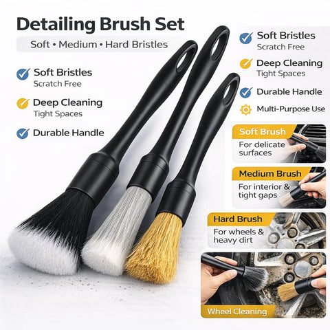 Detailing brush set with soft, medium, hard bristles from All In One 26 Piece Car Detailing Kit With Drill Brushes Pro Grade Detailing Brush Set