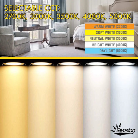 Samsion Smooth Reflector Trim Retrofit Kit, 6 Inch Dimmable LED 5CCT 2700K 3000K 3500K 4000K 5000K Downlight with color options shown.