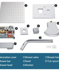 Slick Polished Chrome Tub And Shower Faucet Set components including rain head, valve, spout, and trim kit.