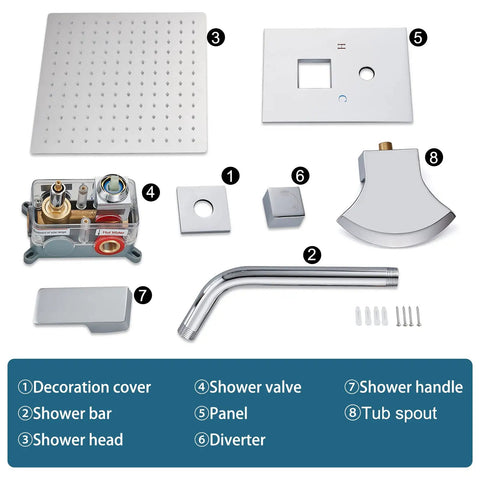 Slick Polished Chrome Tub And Shower Faucet Set components including rain head, valve, spout, and trim kit.
