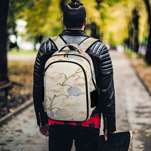 Person wearing Multicolor Bluebell Linen Pattern Backpack For Everyday Carry Unisex Large Capacity Durable