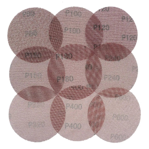 Luocute Five Zero Pack Pro Grade Mesh Sanding Discs With Hook And Loop Backer are shown with various grit sizes for smooth dust-free sanding.