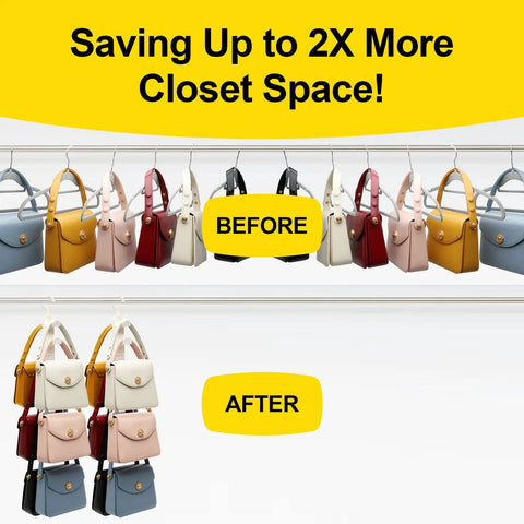 Before and after using Two Pack Purse Organizer Hanger For Closet Storage Durable Bag Organizer showing increased space.