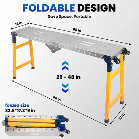 Heavy Duty Portable Steel Welding Table With 4 Smooth Rolling Casters And 4000 Lbs Weight; Foldable design showing dimensions and portability.