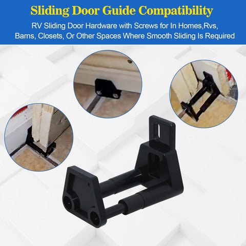 RV Sliding Door Guide Kit, Barn Door Floor Guide And Adjustable Wall Mount Sliding Door Guide With Screws, Black 2-Pack shown in use on door