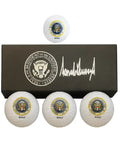Trump Signature Golf Balls 3 Pack With Display Gift Box on white background showing Presidential Seal and signature