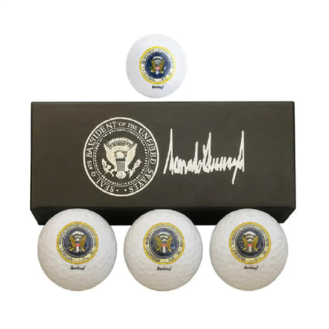 Trump Signature Golf Balls 3 Pack With Display Gift Box on white background showing Presidential Seal and signature