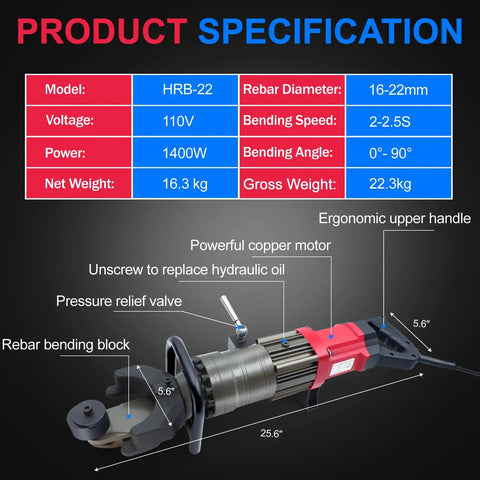 Heavy Duty 1400W Electric Rebar Bender For Professional Contractors, 7/8 Inch Hydraulic Steel Bar Bending Machine close-up with specifications.
