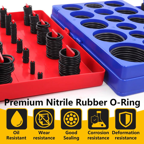 All In One 826 Piece O Ring Kit With SAE And Metric Sizes 70A Durometer O Rings shown in red and blue trays.