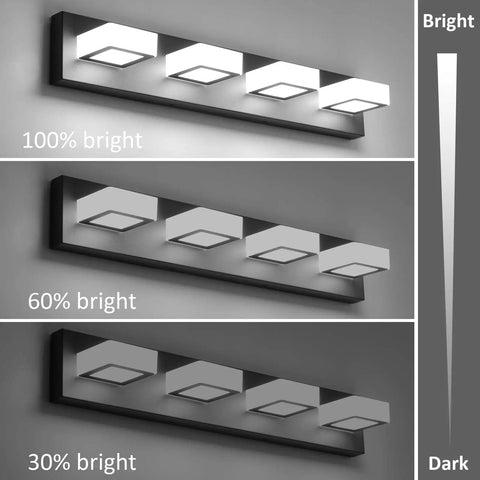 Dimming levels of Black Sleek Dimmable LED Vanity Light With Four Lights Modern Stainless Steel And Acrylic Rotatable 360 Degree Wall Fixture
