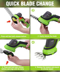Steps for quick blade change on Cordless 7.2V Handheld Grass Trimmer With 2 In 1 Hedge Trimmer And Grass Shears, 2Ah Battery