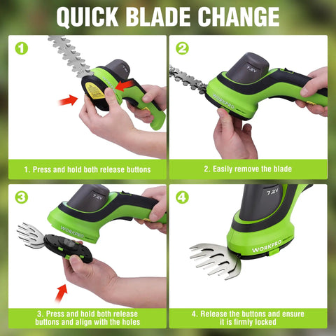 Steps for quick blade change on Cordless 7.2V Handheld Grass Trimmer With 2 In 1 Hedge Trimmer And Grass Shears, 2Ah Battery