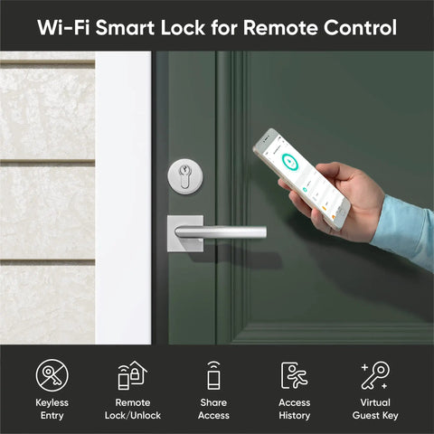 Keyless Entry Smart Door Lock With WiFi And Bluetooth, Lock Or Unlock From Your Phone, Works With Alexa And Google Assistant, Fits Most Deadbolts, Includes Gateway, Auto Lock And Auto Unlock, Certified For Humans installed on a green door, remote operation via smartphone visible.