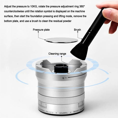 Heavy Duty Electric Espresso Tamper Game Changer With 16 Adjustable Pressure Levels Auto Compresses 58mm Portafilter Locks In Your Perfect Shot Daily Black Finish with pressure plate and cleaning brush.