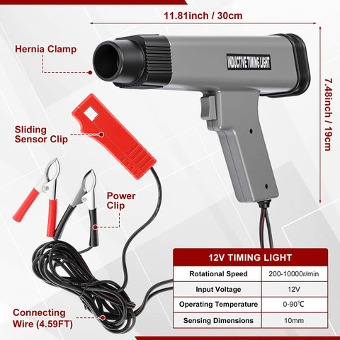 12V Digital Timing Light With Tachometer And Advance Angle Inductive Ignition Timing Light Gun Vacuum And Fuel Pump Tester Gauge Leak Pressure Diagnostics Kit For Car Motorcycle Marine All In One Pro Grade Workshop Ready Emergency Diagnostic Tool, 30cm