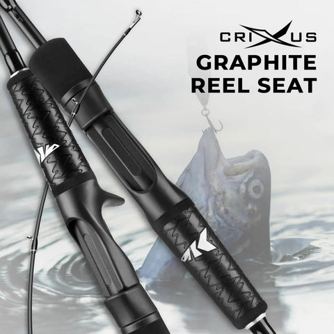 Gladiator Ready Crixus Fishing Rod And Reel Combo For Spinning And Baitcasting with graphite reel seat and fish close-up
