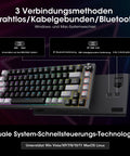 Slick Tri Mode Mechanical Keyboard With Snappy Blue Switches, Wireless Bluetooth And Fast Wired Connection, Clean 82 Key Profile, Hype Rgb Lighting, Beast Mode Battery Power For Serious Typing And Gaming, showing connectivity options.