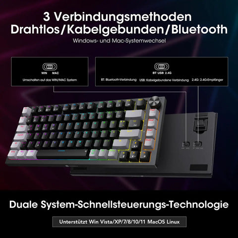 Slick Tri Mode Mechanical Keyboard With Snappy Blue Switches, Wireless Bluetooth And Fast Wired Connection, Clean 82 Key Profile, Hype Rgb Lighting, Beast Mode Battery Power For Serious Typing And Gaming, showing connectivity options.