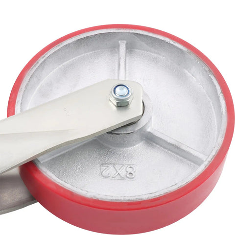 Close-up of an 8 Inch Heavy Duty Gate Caster Wheel with a metal bracket and red rubber exterior for smooth rolling.
