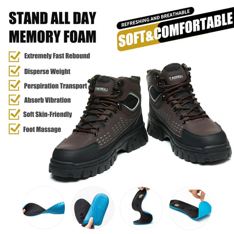 Mens 6 Inch Waterproof Steel Toe Work Boots Built Tough As Nails For Construction And Industrial Jobs In Brown Leather, ASTM F2413-24 Compliant, Size US 7.5, Slip Resistant And Comfortable