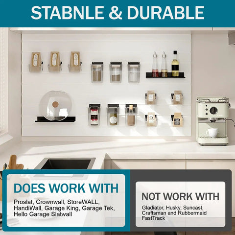 Kitchen view of 12 Pack Slatwall Storage Organizer Set with 6 Slatwall Boxes and 6 Cups installed on wall, transparent containers