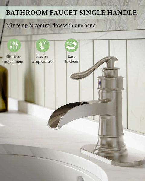 Waterfall Bathroom Faucet In Brushed Nickel Finish Dope Farmhouse Style Vanity Sink Tap With Deck Plate Easy Install