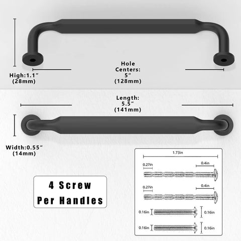 10 Pack Matte Black Cabinet Pulls 5 Inch Center To Center Solid Zinc Alloy Kitchen Drawer Handles dimensions measured with screws