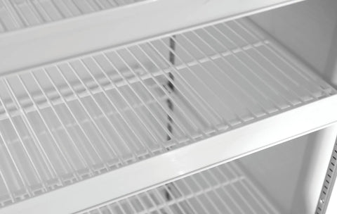 Internal view of shelves in Heavy Duty Two Door Merchandising Freezer Featuring Slick Black Panels And A Generous 53 Inch Profile.