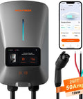 Level 2 50 Amp EV Charger EVSE with J1772 Connector and 25 Ft Cable, RFID access, shown with control app