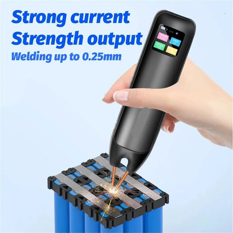 99 Speed Adjustable Handheld Spot Welder With 1.3 Inch Color Screen for easy monitoring, in use on metal strips