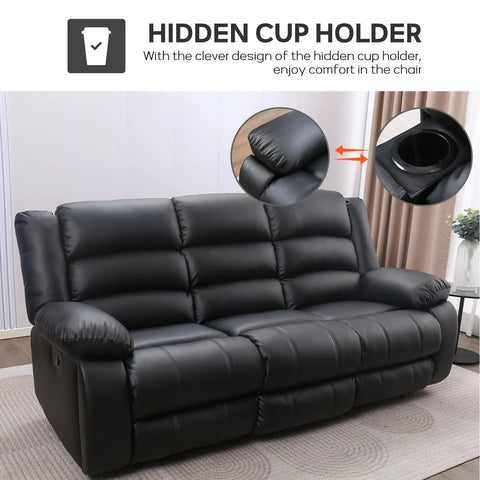Black Faux Leather Manual Reclining Sofa With Hidden Cup Holders, 3 Seat Overstuffed Armrests, Easy To Clean, shown in a living room.