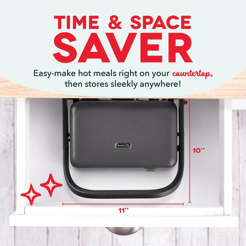 Dash MultiMaker Flex Press Grill With Swap-It Plates, Electric Indoor Countertop Nonstick Removable Cooking Surfaces For Burgers Sandwiches And Breakfast Made Easy With Forg Iron Build stored in a drawer, dimensions 10x11 inches.