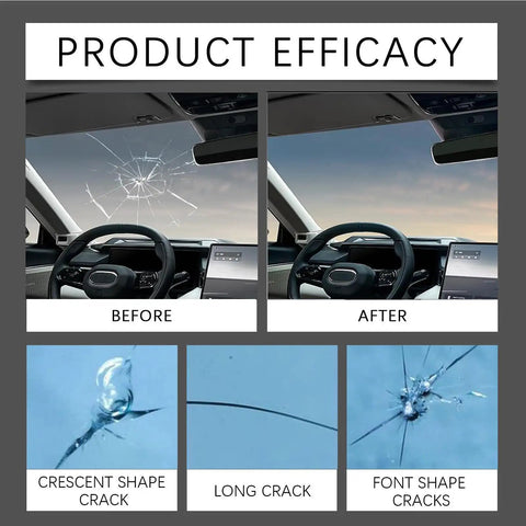 Windshield Crack Repair Kit For Chips And Cracks Two Pack, Glass Repair Liquid For Auto Windows, Quick Fix Tool showcasing before and after repair results.