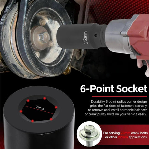 22mm Harmonic Balancer Socket Tool in action on vehicle crank bolt, 6-point design for effective pulley removal, 1/2 inch drive