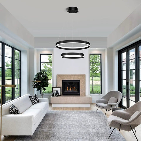 Two Ring Dimmable Black LED Chandelier With Remote Control, Large Circular Pendant Light in modern living room setting
