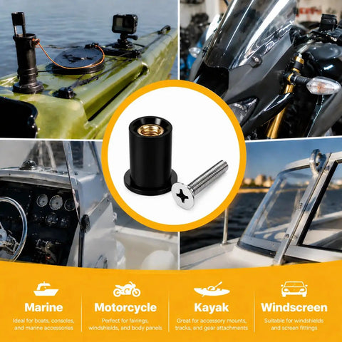 Rugged Neoprene Well Nuts Assortment Kit With Corrosion Proof Stainless Steel Screws M4 M5 M6 shown on marine and motorcycle accessories.