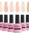 HEMA Free Rubber Base Gel Kit for Nails Soak Off UV LED Clear Sheer Gel Polish 4 in 1 Nail Strengthener and Enhancer Base Coat and Color Set of 6 Pieces 10ml Kit 45 with pink bottles and neutral nail swatches