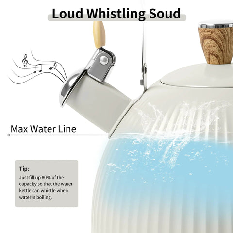 Close-up of Stovetop Tea Kettle 2.5 Quart Whistling Kettle With Stainless Steel Body Creamy White Finish Wood Pattern Folding Handle and max water line.