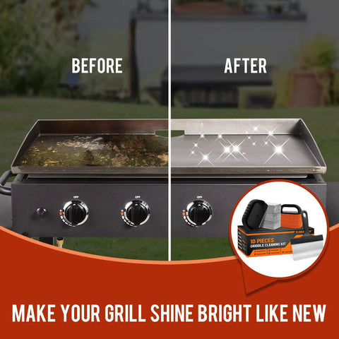 Before and after using Griddle Cleaning Kit For Blackstone Flat Top Grill With Grill Stone Scraper And Brush For Easy Stain Removal Pro Grade Griddle Maintenance Set To Extend Life And Keep Your Surface Seasoned