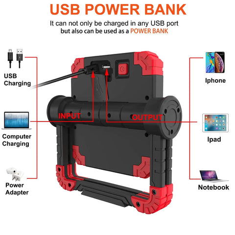 Portable LED Work Light With USB Rechargeable Power Waterproof 360 Degree Rotating Folding Stand Dual COB Flood Lights 2000LM
