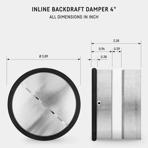 4-inch inline backdraft damper; round metal unit with black rim and rubber seal; side view shows spring-loaded shutter.