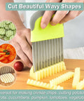 FANTEXY crinkle cutter with stainless steel blades and yellow handle for cutting potatoes into wavy crinkle slices