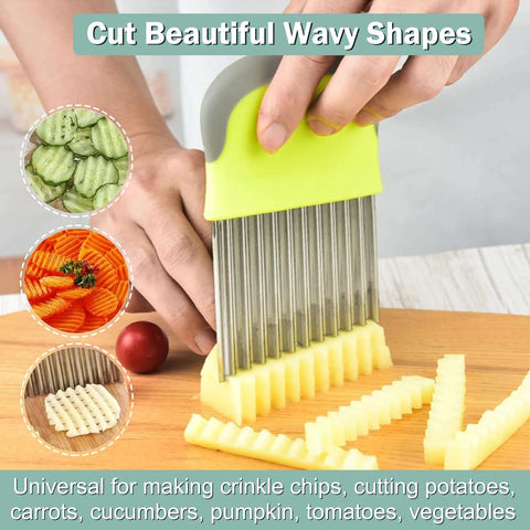 FANTEXY crinkle cutter with stainless steel blades and yellow handle for cutting potatoes into wavy crinkle slices