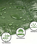 Heavy Duty Waterproof Tarp 8x10 Ft With Reinforced Edges And Grommets For Camping Roof Boat RV Pool Or Tent Includes Utility Rope HDPE Weatherproof Tarp Built To Last, close-up of green surface with water droplets and icons for tear resistance, UV protection, and waterproof features.