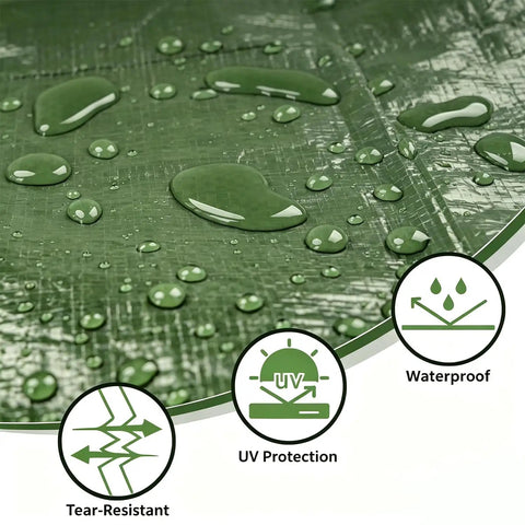 Heavy Duty Waterproof Tarp 8x10 Ft With Reinforced Edges And Grommets For Camping Roof Boat RV Pool Or Tent Includes Utility Rope HDPE Weatherproof Tarp Built To Last, close-up of green surface with water droplets and icons for tear resistance, UV protection, and waterproof features.