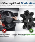 Graphic showing Two Piece 563152K000FFF Flexible Steering Coupling for Hyundai and Kia vehicles alongside a steering wheel.