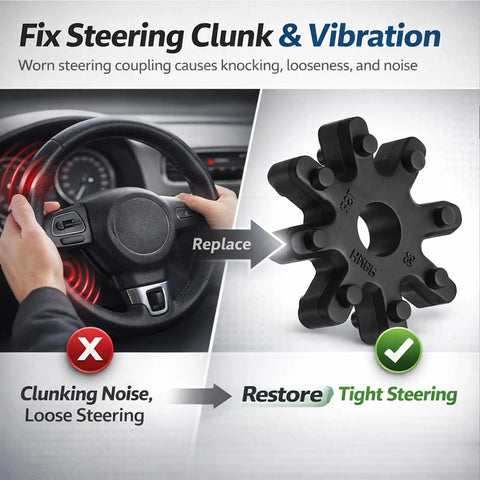 Graphic showing Two Piece 563152K000FFF Flexible Steering Coupling for Hyundai and Kia vehicles alongside a steering wheel.